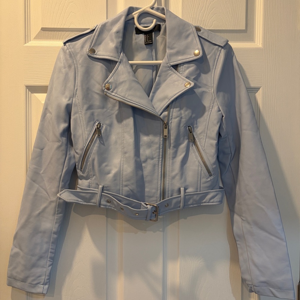 Forever 21 Baby Blue Faux Leather Crop Moto Jacket (Size S)